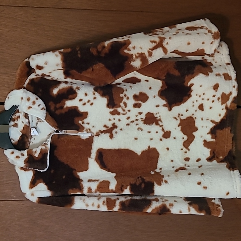 Chicyea Fleece Pullover Cowhide Print Cream & Browns SZ M